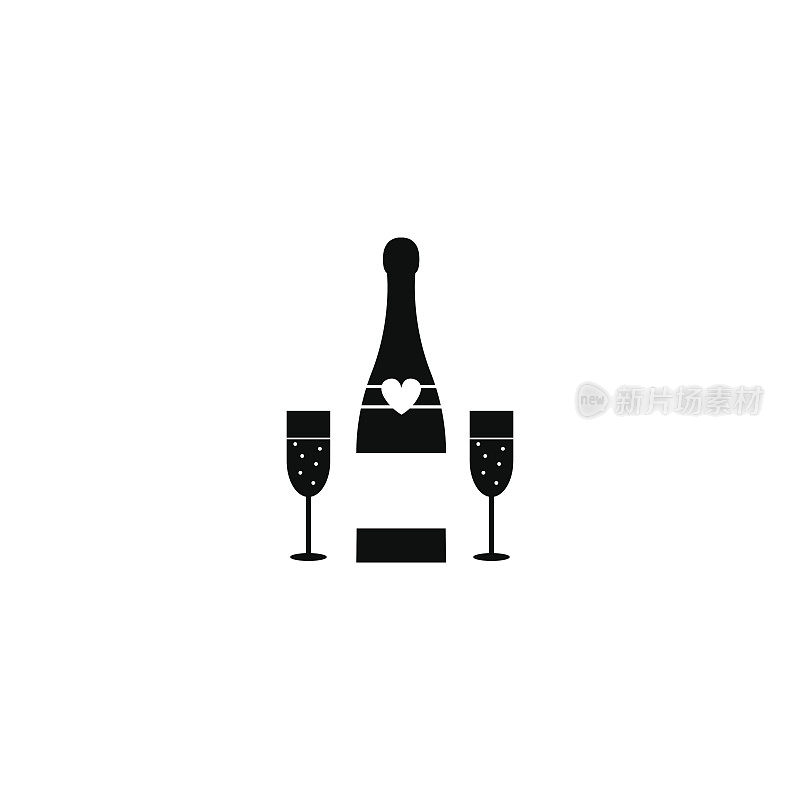 香槟酒瓶与葡萄酒杯固体图标