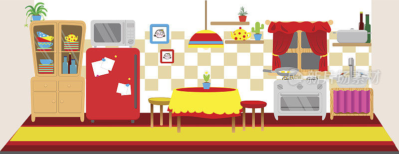 娃娃厨房内部。水平的旗帜。孩子们玩矢量背景。娃娃的小厨房。平面风格卡通插图。