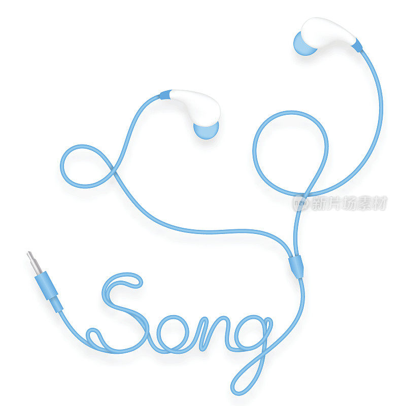 耳机，在耳朵类型的蓝色和歌曲文本由电缆隔离在白色背景，与复制空间