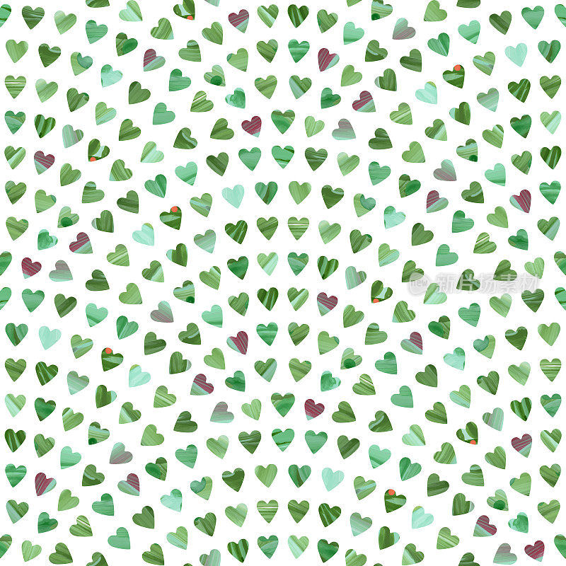 抽象鳞片无缝图案从绿色树叶和心与手绘笔触纹理在白色的背景。地砖、墙纸、包装纸、春夏季页填