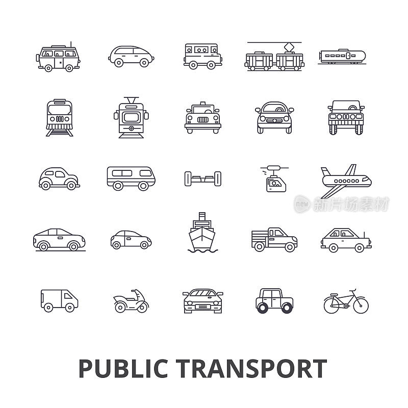 公共交通、交通运输、地铁、公交车站、交通、出租车、城市公交线路图标。可编辑的中风。平面设计矢量插图符号概念。线性迹象孤立