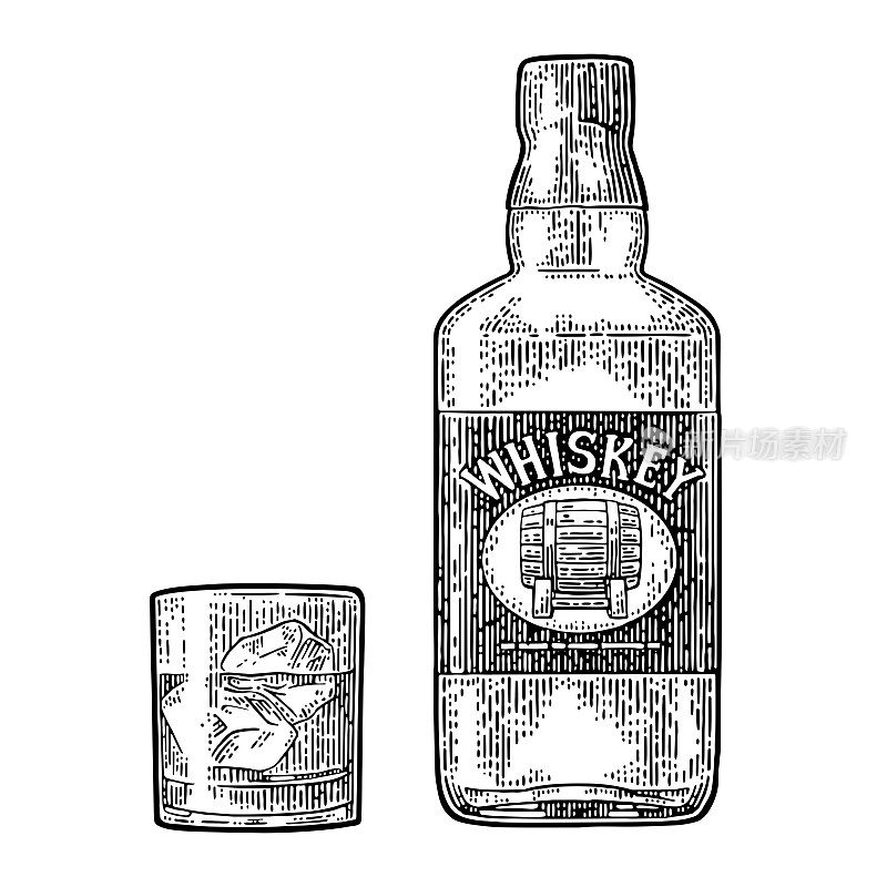 威士忌酒杯与冰块和酒瓶标签与桶