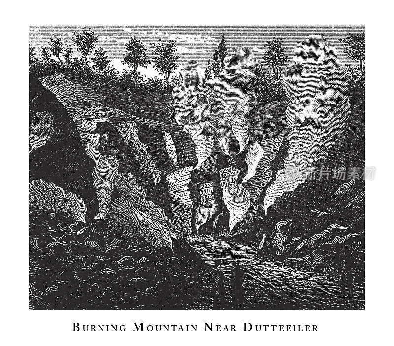 燃烧山附近的Dutteeiler，洞穴，冰山，熔岩和岩层雕刻古董插图，出版1851年