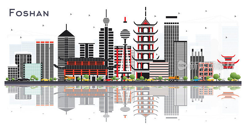 中国佛山城市天际线与灰色的建筑和反射孤立在白色。