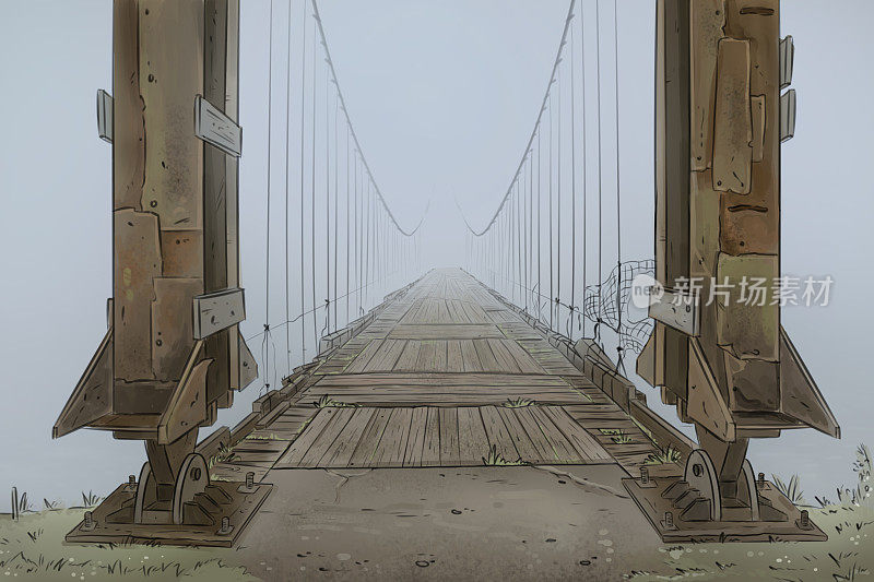 老雾吊桥入口。生锈的村桥。早期有雾的早晨