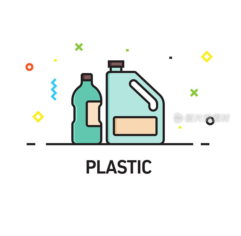 塑料废物线图标，轮廓矢量符号插图。