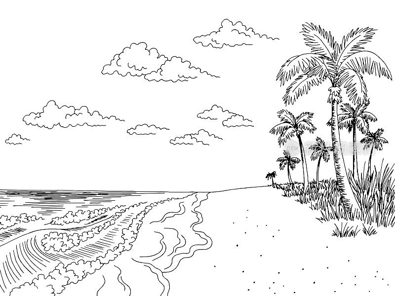 海岸图形海滩黑白景观素描插图向量