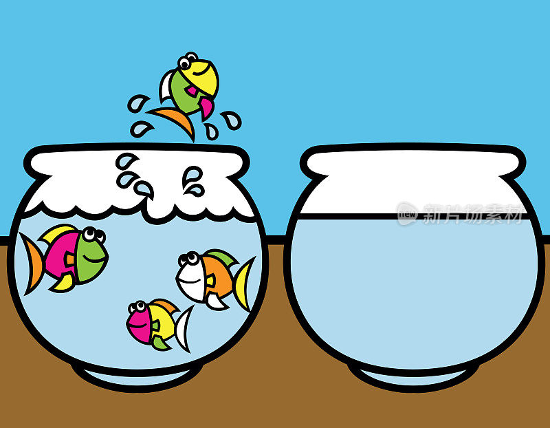 一条五彩斑斓的鱼从一个鱼缸里跳出来，跳进另一个鱼缸里――一个更有空间的地方