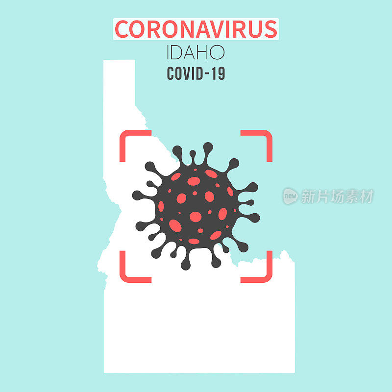 爱达荷州地图，红色取景器中有冠状病毒细胞(COVID-19)
