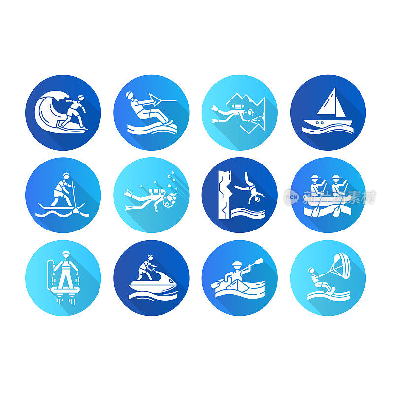 水上运动平面设计长影字形图标集。洞穴潜水、风筝滑板、飞行滑板和水上摩托。悬崖跳跃和划桨冲浪。极限运动。向量轮廓图