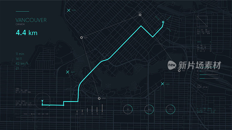 未来的路线仪表盘GPS跟踪地图，导航绘图技术和定位针在温哥华城市的街道上