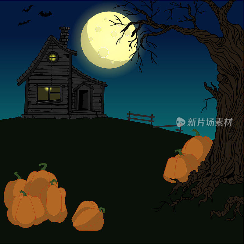 矢量插图下的南瓜在一个闹鬼的房子和满月的万圣节晚上的背景树。贺卡设计。
