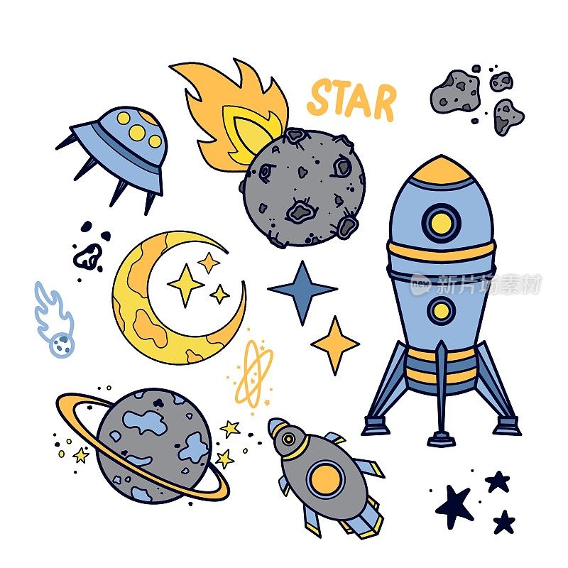 空间。太空元素火箭、星星、月亮、闪长岩