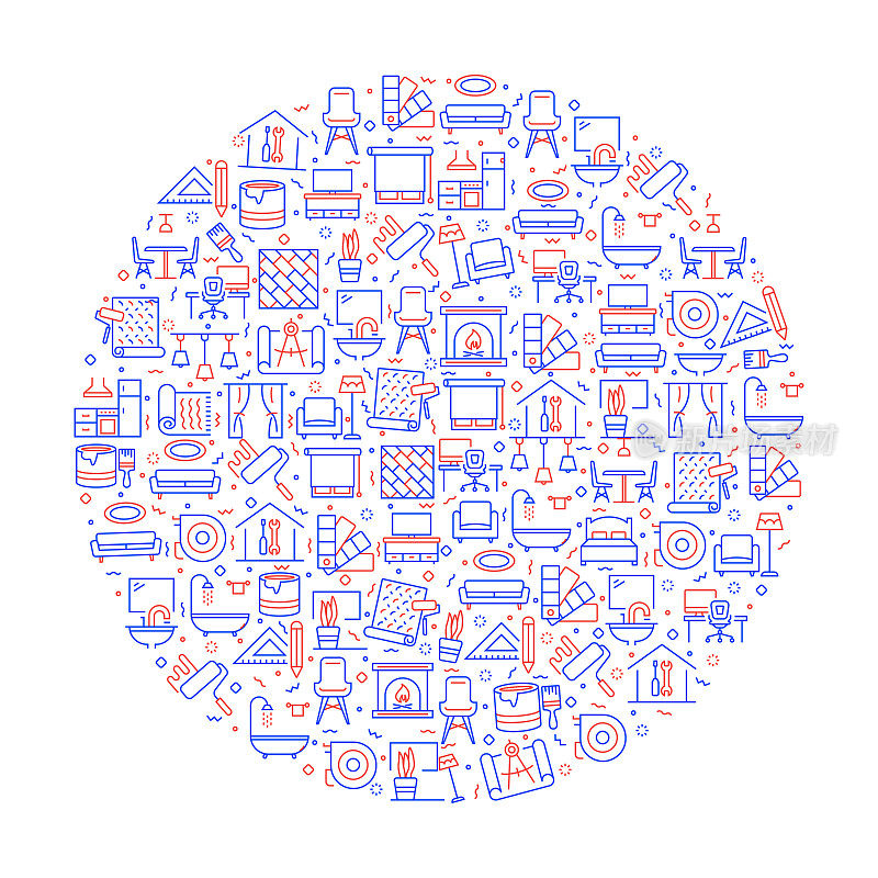 家居装饰与室内设计相关图案与图标。现代线条风格矢量插图