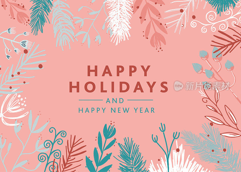圣诞贺卡设计用花环树枝快乐节日式设计