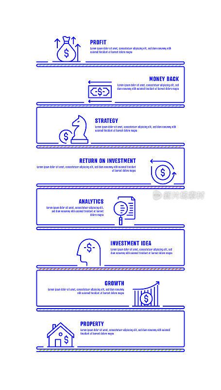 信息图表设计模板。利润，钱回来，策略，投资回报，分析，投资想法，增长，房地产图标8个选项或步骤。