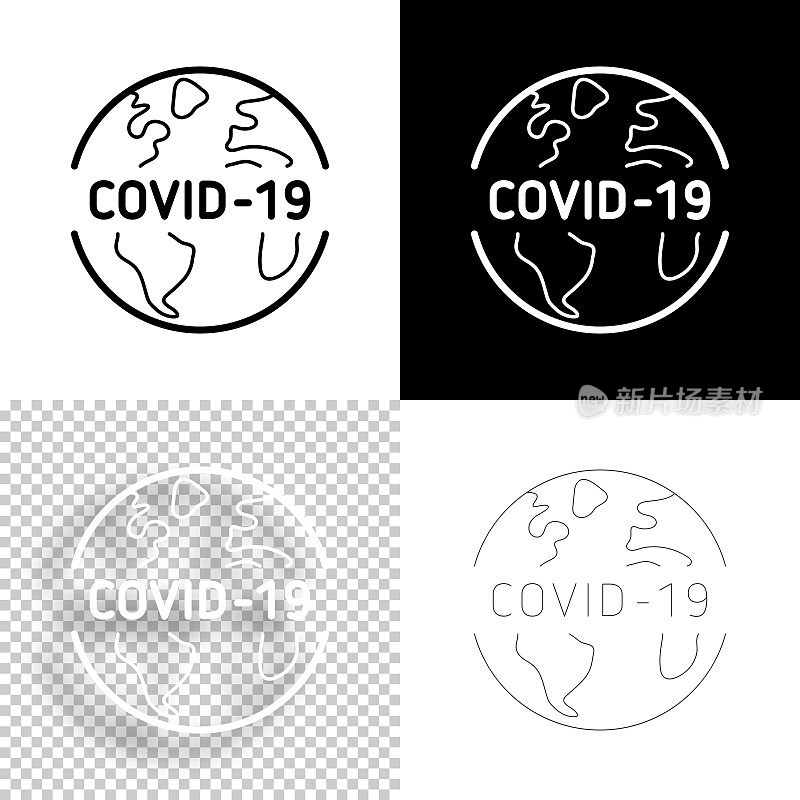 地球上COVID-19。图标设计。空白，白色和黑色背景-线图标