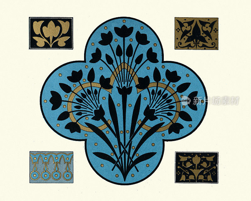 花卉图案，设计，形状，装饰艺术，维多利亚19世纪70年代