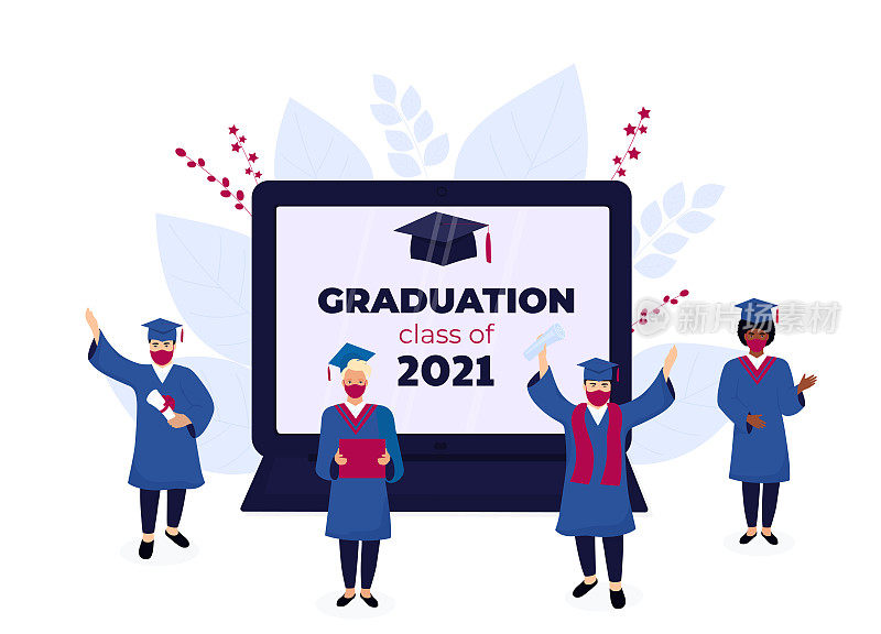 冠状病毒隔离期间，在笔记本电脑显示器上虚拟在线毕业典礼。小小的毕业生们戴着防护面具，穿着学士服和学位帽庆祝他们完成学业。2021级