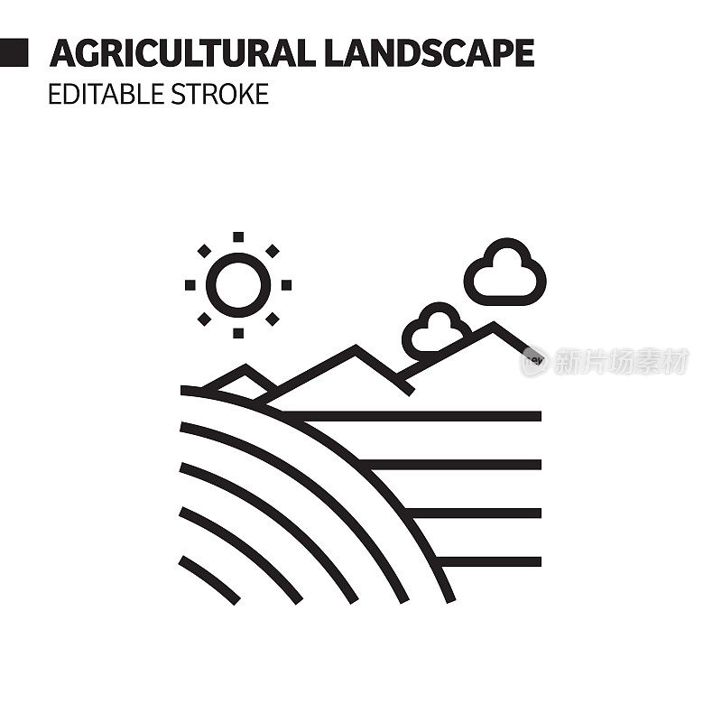 农业景观线图标，轮廓向量符号插图。