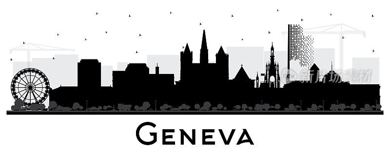瑞士日内瓦城市轮廓与黑色建筑孤立在白色。