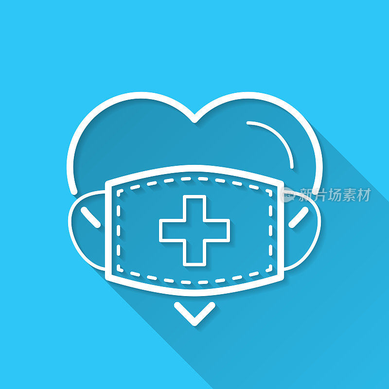 心脏带医用面罩。蓝色背景上的图标-长阴影平面设计