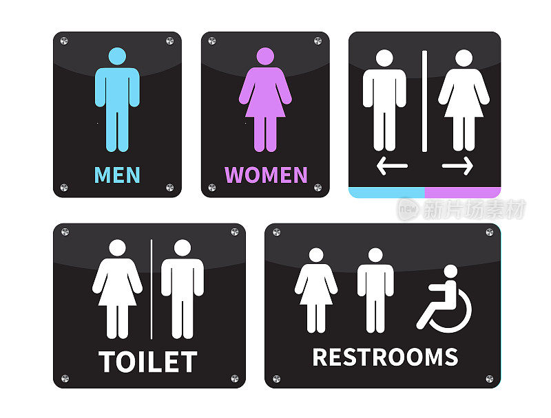 将厕所标志设置为白色背景。男女厕所图标右箭头标志。残疾人轮椅图标。矢量图