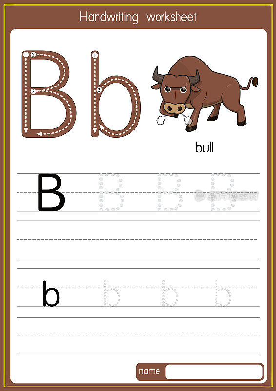 矢量说明公牛与字母B大写字母或大写字母的儿童学习练习ABC