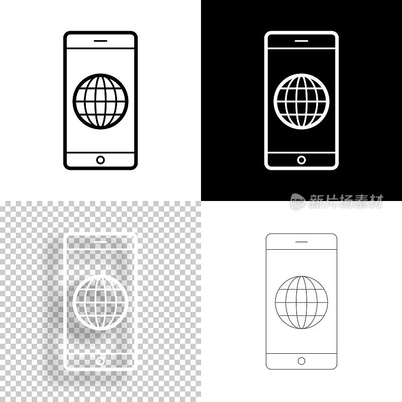 与全球智能手机。图标设计。空白，白色和黑色背景-线图标