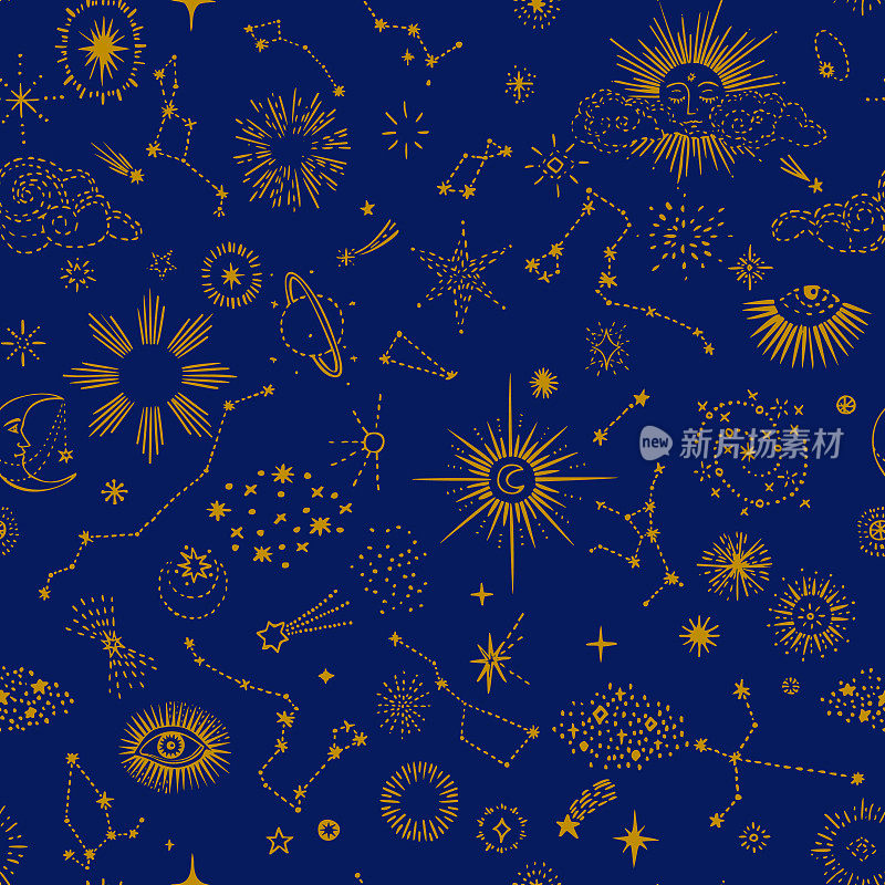 空间背景。恒星无缝图案，恒星，黄道带，星座，太阳，行星，彗星和月亮。徒手画。线条画，素描风格。