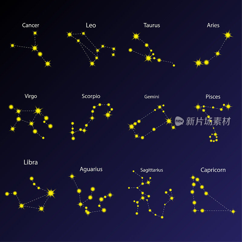 星座图标的集合。星座的象征。恒星背景。占星术的元素。矢量插图。股票的形象。