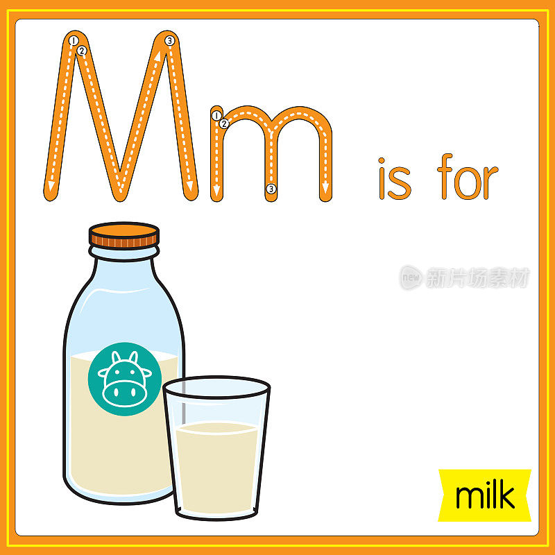 矢量插图学习字母为儿童与卡通形象。字母M代表牛奶。