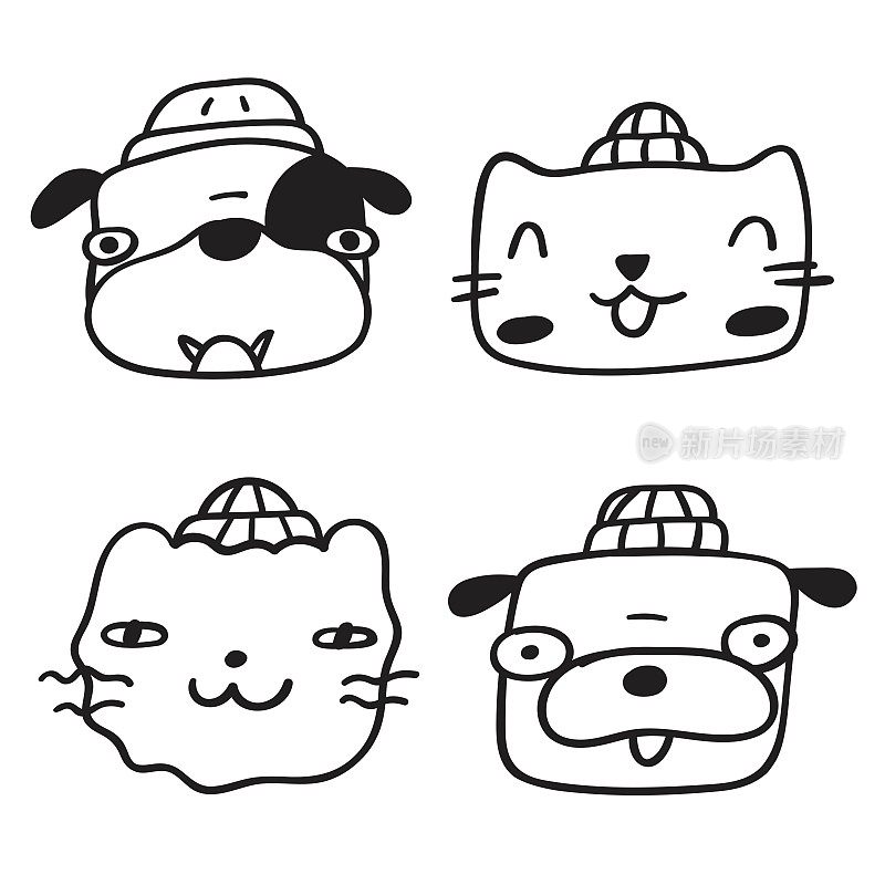 轮廓图标。戴着冬季帽子的狗和猫的笑脸。