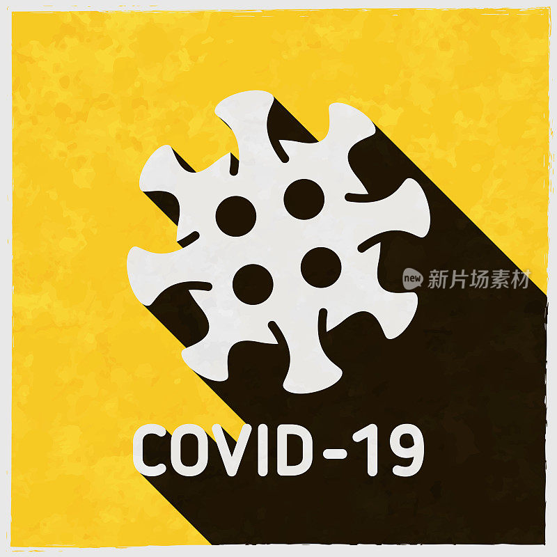 COVID-19细胞。图标与长阴影的纹理黄色背景