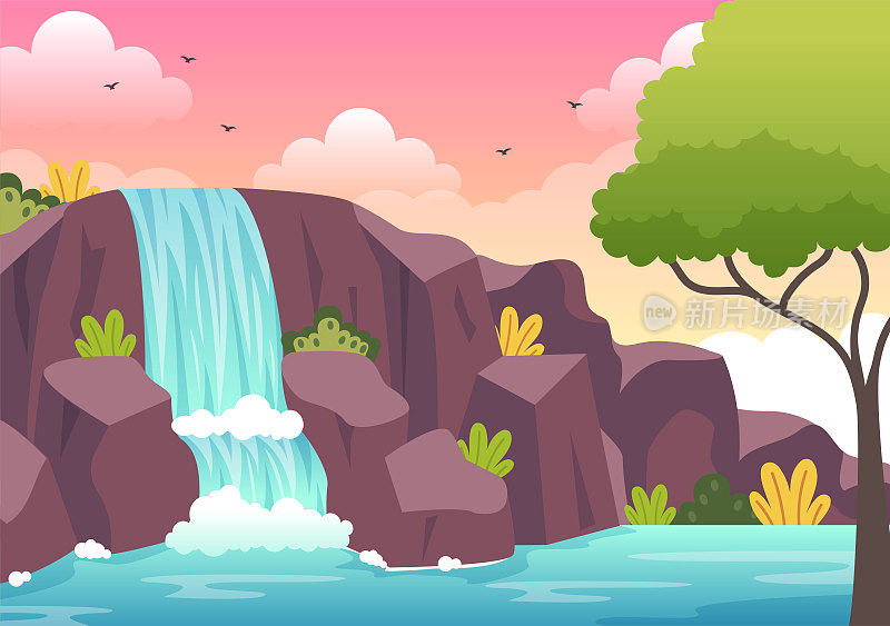 热带自然风景瀑布丛林景观与岩石瀑布，河流溪流或岩石悬崖在平坦的背景矢量插图