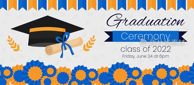 高中毕业典礼和派对邀请模板。社交媒体的贺卡概念。毕业帽有文凭和蓝色装饰。矢量插图横幅