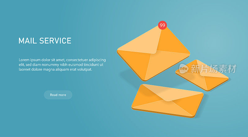 黄色3d矢量邮件图标。等距电子邮件发送插图。邮寄垃圾信件的服务理念。