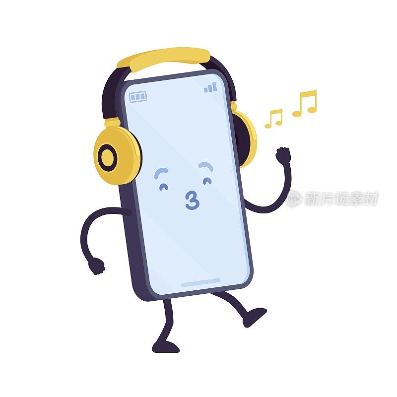 智能手机卡通人物戴着耳机听音乐