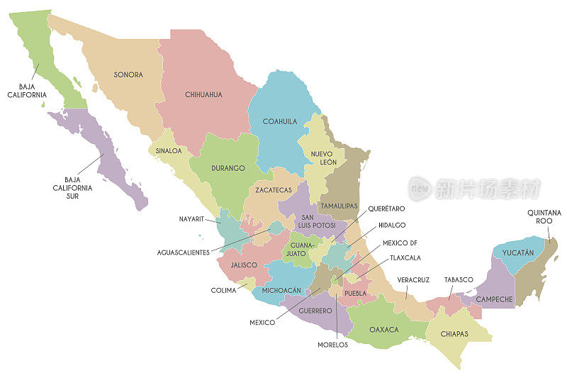 矢量地图的墨西哥地区或或州和行政区划。可编辑和明确标记层。