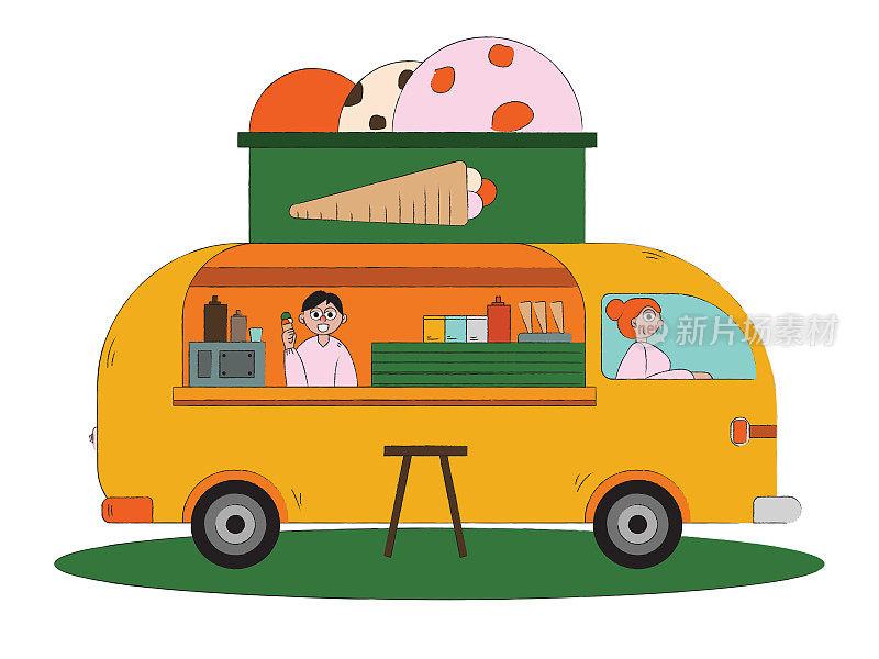 手绘街头食品小贩的概念。食品卡车冰淇淋销售平面矢量插图背景。