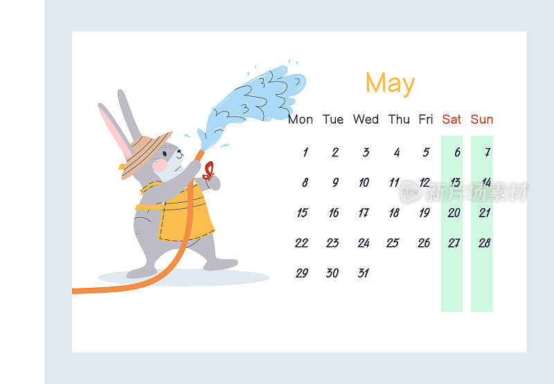 野兔用水管造了一个喷泉。那只兔子围着围裙，戴着帽子，正在花园里浇水。2023年5月日历。一周从周一开始，周六和周日都是灰色的。平面向量