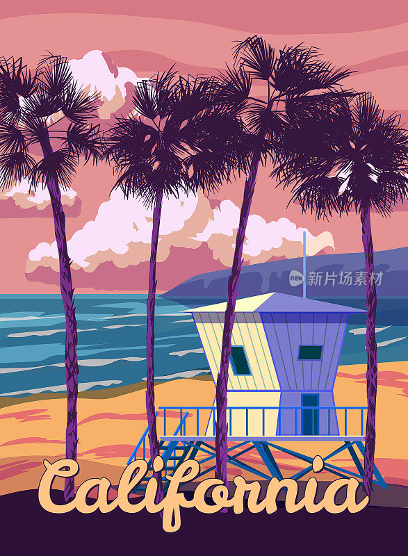 加州的复古海报。海滩，棕榈，海岸，冲浪，海洋上的救生员的房子。矢量图的