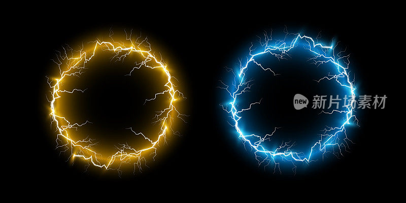 球蓝色和金色的闪电在一个透明的背景。矢量插图，抽象的闪电在深蓝色的天空。闪电，雷声，火花。