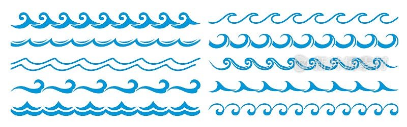 海浪与海洋波浪线、蓝色波浪边界