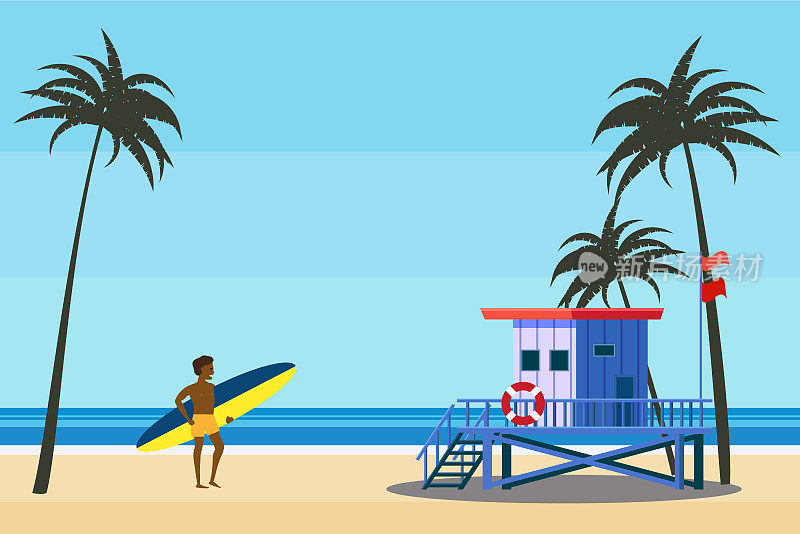 海滩上的救生员塔棕榈树，冲浪者，海岸海洋，大海。夏季热带景观，矢量