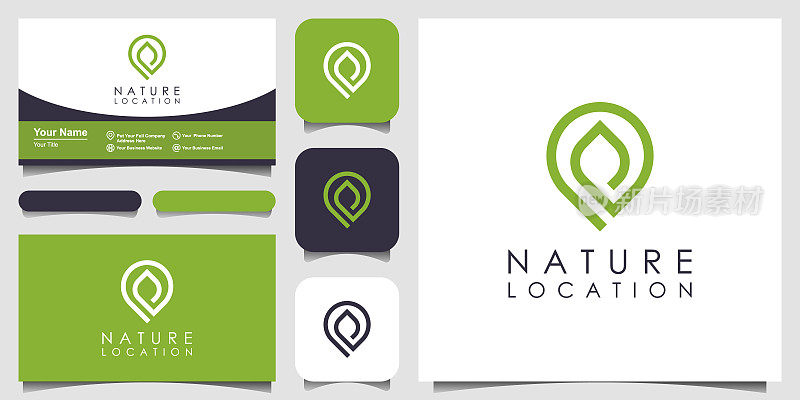 定位销logo设计与自然树叶相结合。Logo与风格线条艺术极简主义和名片设计