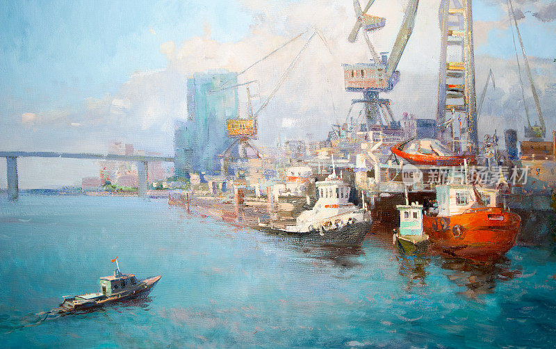 在帆布上画油画《货港中的船只和起重机》。