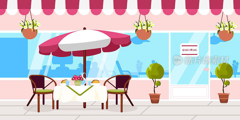矢量插图美丽的室内咖啡馆露台。卡通室内有伞，桌子，椅子，咖啡馆，三明治，水，花盆。