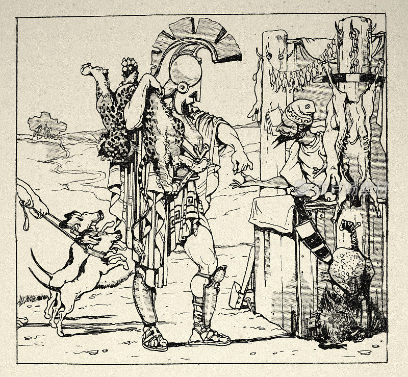 古希腊武士从商人那里买一只死豹的漫画