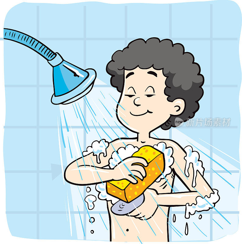 男孩洗澡矢量插图